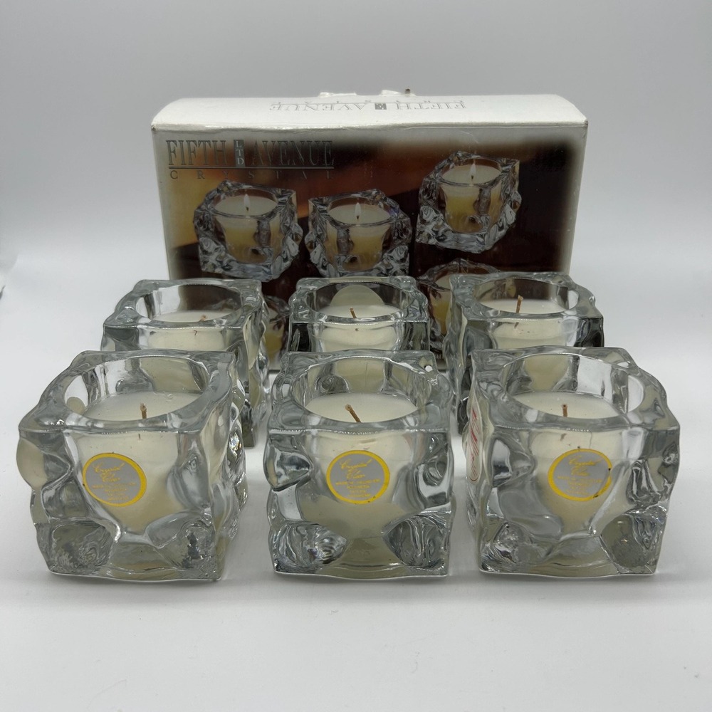 Ice Crystal Candle Holder Heavy Ice Cube Square Clear Votive c/w Candles Set 6